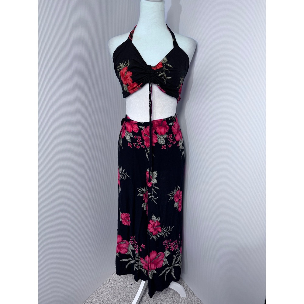 Floral Two Piece Set Halter Top and Wide Leg Open Side Pants Matching Aloha